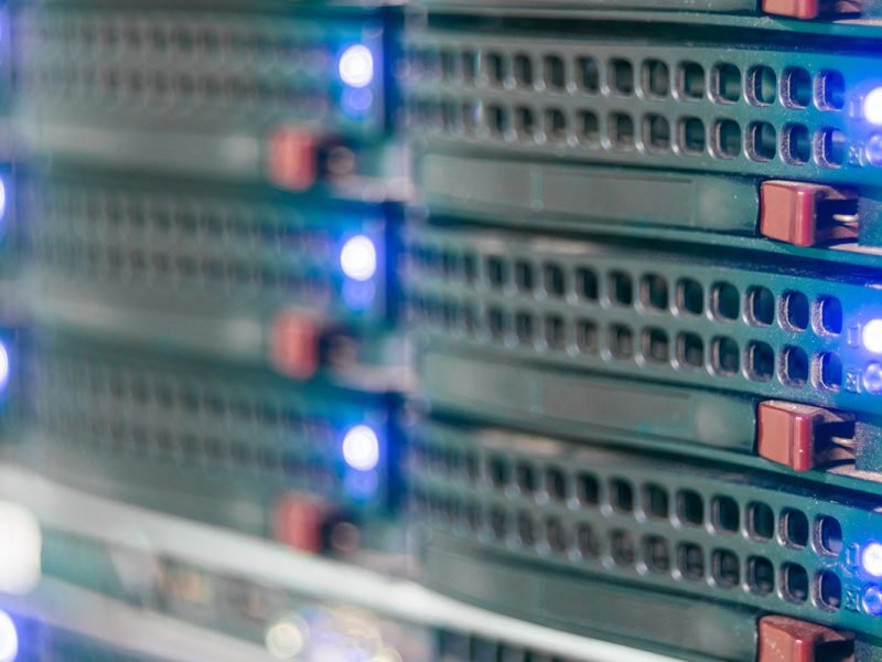 The server equipment is close up. Powerful computer clusters of the data center. Computing power of the Internet provider.
